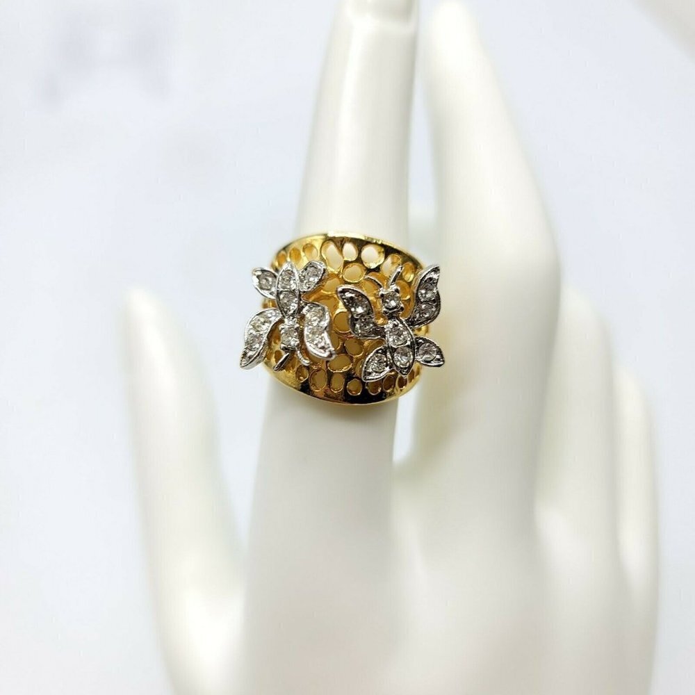 Clear Glass Rhinestone Butterfly 18KT HGE Gold Electroplate NOS VTG Ring Size 7